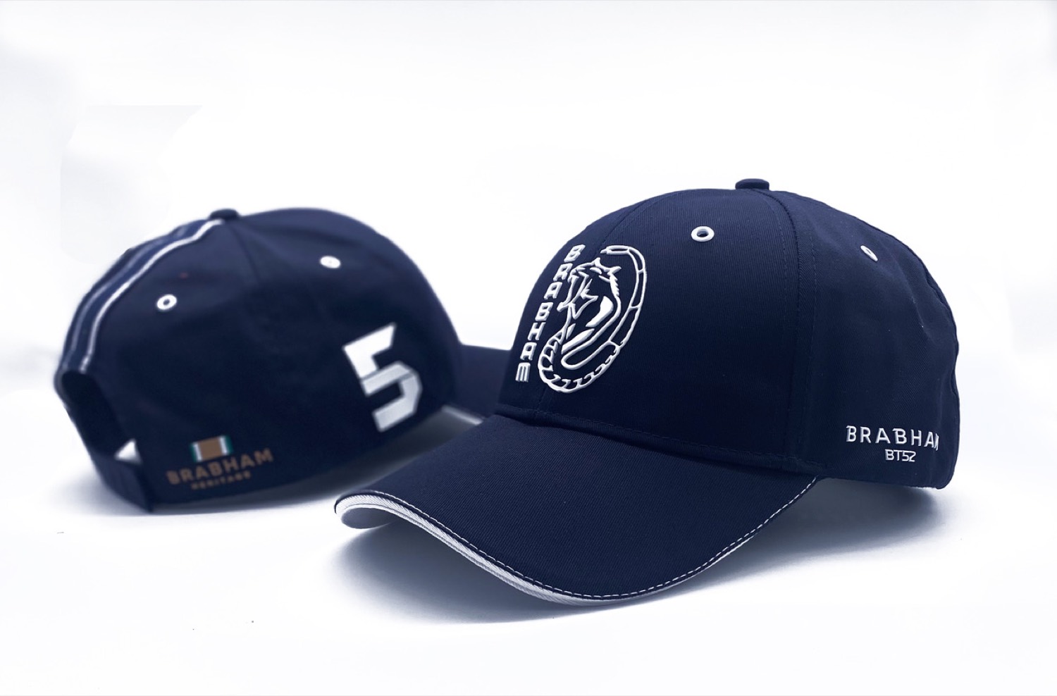 Navy Brabham caps with white embroidery and contrast trim