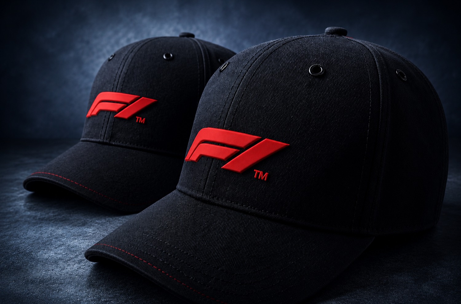 Black caps with raised red high-frequency printed logo
