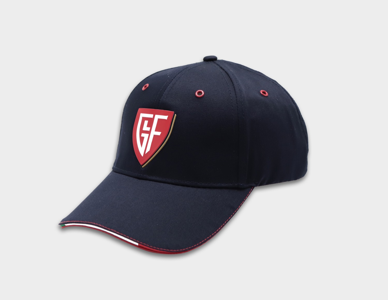 Navy Fiocchi cap with shield logo and tricolour sandwich peak