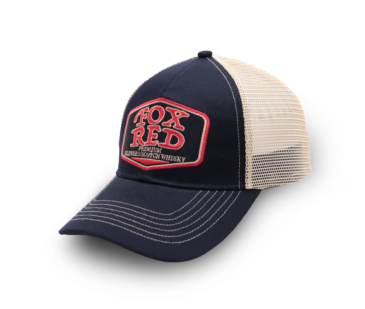 Navy and ecru mesh trucker cap with Fox Red Whisky patch