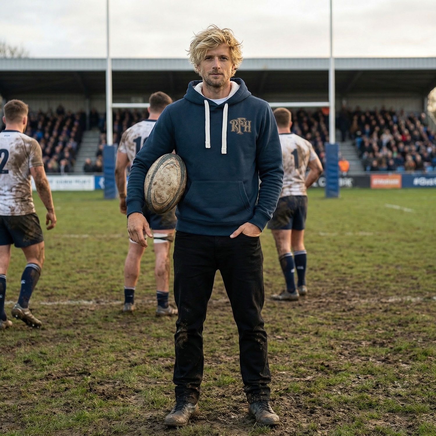 Navy club hoodie with gold monogram, worn pitchside